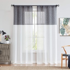 Central Park Black and White Stripe Sheer Color Block Window Curtain Panel Linen Drape Treatment for Bedroom Living Room Farmhouse 95 inches Long with Rod Pocket,2 Panel Rustic Living Panels