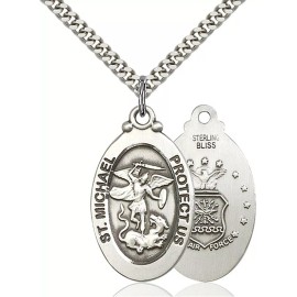 Bliss Sterling Silver Saint Michael Air Force Medal Pendant Necklace 18" Chain GiftBox