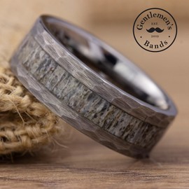 Gentlemen's Bands Silver Tungsten Hammered Men's Wedding Band with Deer Antler Inlay | Premium Tungsten Engagement/Wedding Ring for Men 8mm | Includes Silicone Band, Leather Pouch & Luxury Walnut Box