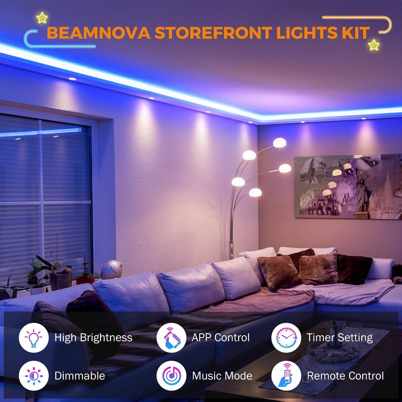 BEAMNOVA 100Ft Blue Commercial Storefront Lights Kit, Remote or Bluetooth