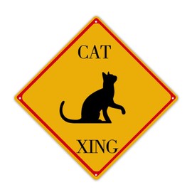 Cat Warning Sign Cat Silhouette Black on Orange Black Cat Crossing Metal Road Sign Funny Xing Tin Sign Street Sign Tin Sign Lawn Garden Yard House Room Decor 12" X 12"