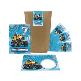 12 Invitation Cards for 7th Children's Birthday Boys Monster Truck Car Includes 12 Envelopes, 12 Bags, 12 Stickers