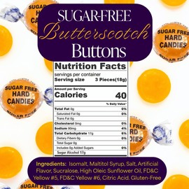 SweetGourmet Sugar-Free Butterscotch Buttons Hard Candy, 1 Pound, Fat-Free, Gluten-Free, 90 Pieces