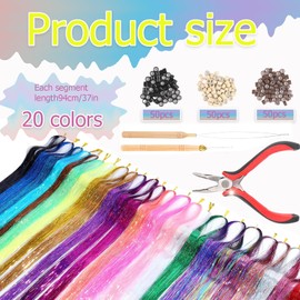 20 Colours Hair Tinsel Kit, 37 Inch Glitter Hair Strands Hair Tinsel with Tool Tinsel, 4000 Hair Tinsel, Sparkle Tinsel Hair Extensions Hair Tinsel for Women Girls Children Cosplay Party Accessories