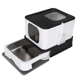 RIZZARI Stainless Steel Cat Box: Black Covered Litter Pan with High Walls - Large Capacity & Anti-Leak Tray - Non-Stick Teflon Coating Drawer for Quick Cleaning - for Living Room Garage