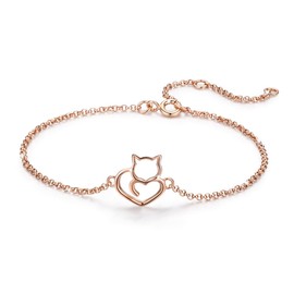 WOSTU Adjustable Rose Gold Cat Mom Bracelet - 925 Sterling Silver Friendship Memorial Healing Jewelry for Women, BFF & Cat Lovers Anklet Good Luck Bracelet