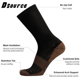 Dsource Hiking Copper Socks, Blister Prevention with Reinforced Heel/Toe, Moisture Control for Trail & Gym, 3 Pairs Crew Black& Gold L
