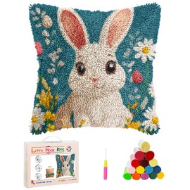 Latch Hook Pillow Kits Cartoon Easter Rabbit in Flowers Stamped Pillowcase Handamade Crochet Yarn Hook and Latch Emboridery Throw Pillow Cover for Home Sofa Decor 43x43cm(3)