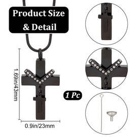 CREATCABIN Black Cross Urn Necklace for Ashes Keepsake Cremation Jewelry Mini Rhinestone Stainless Steel Memorial Pendant Crystal Urn Necklace with Snake Chain Funnel Pin for Women Men 21.7Inch