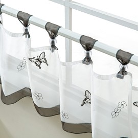 Delien Net Curtain, Voile Bistro Curtains with Loops, Kitchen Short Curtain, Embroidery Butterfly Transparent Rod Curtain, Short Curtain, W x H 120 x 60 cm, Grey