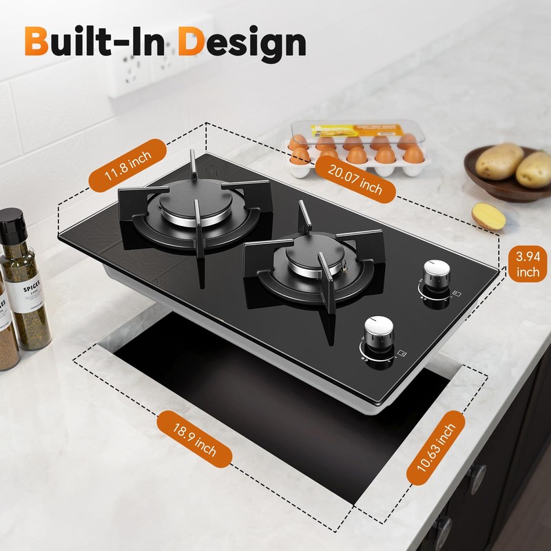 12 Inch Gas Cooktop, 2 Burner Gas Stove, Black Tempered