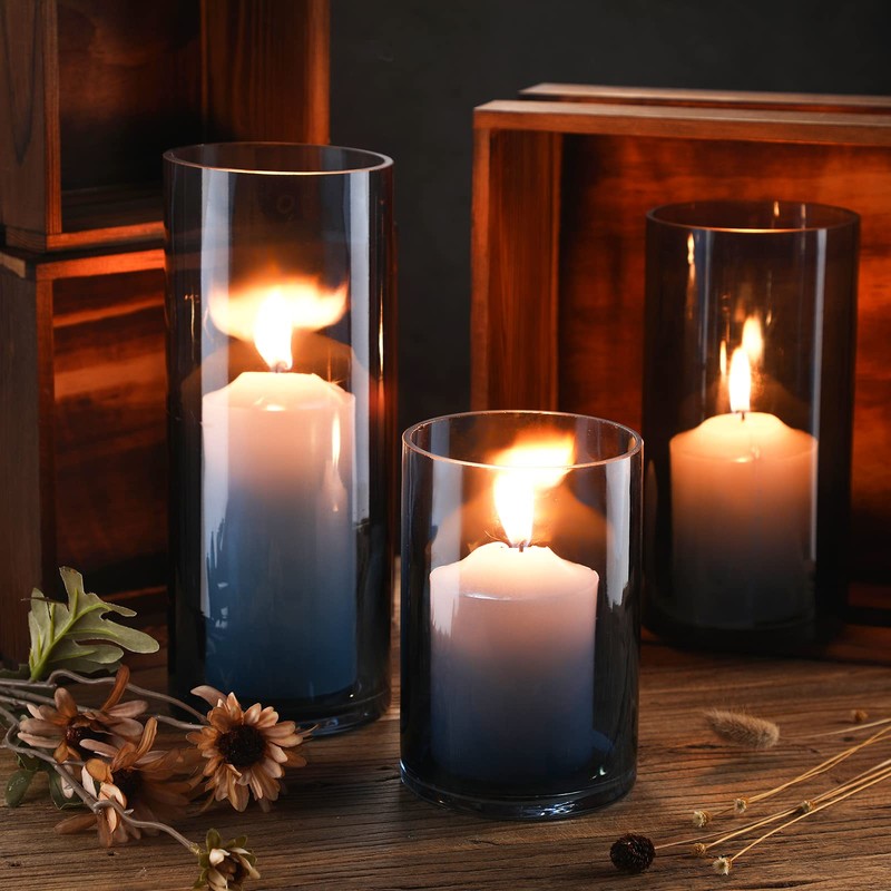 Set of 3 Blue Clear Hurricane Candle Holder Glass Cylinder