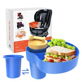 Kids Car Seat Travel Tray: Carseat Snack Tray for Food Eating, Baby Stroller Snacks Console/Plate for Toddlers with 2 Replacement Cup Holder Bases, Kids Travel Road Trip Essentials & Must Haves, Blue