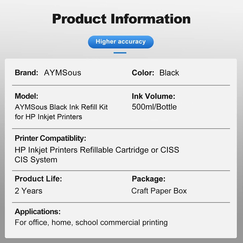 AYMSous Black Ink Refill Ink Kit Dye Ink 500ml Compatible