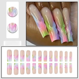 Long Press on Nails Square Fake Nails French Tip False Nails with Color Ombre Designs Stick on Nails Embossed Glue on Nails Sparkly Artificial Nails for Women 24cps