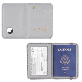 Hennaja Passport Holder with Airtag Slot, Airtag Passport Wallet for Men Women, Slim Leather Passport Holder Case Family for Travel Anti-Lost(1-Lichee Silver)