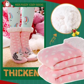 SeeyAN Kids Boys Girls Warm Slipper Socks Cute Animal Soft Thicken Winter Thermal Fleece Fuzzy Non-Skid Children Home Socks (Pink, 5-8 Years)