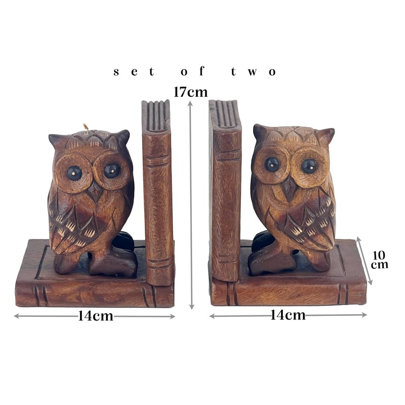 Handcrafted Wooden Owl Bookends, Decorative Book Holders, 17 cm Height,