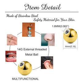 Besyvvin 25pcs Piercing Balls 1.6mm Gold Replacement Screw Balls 4mm for Tongue Nipple Belly Piercing Stainless Steel