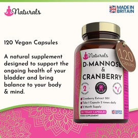 120 D-Mannose & Cranberry Capsules - 1000mg Extract per Serving (2-Month Supply) - High Strength UTI Support for Women & Men - Vegan, UK Made Supplement (Not Tablets)