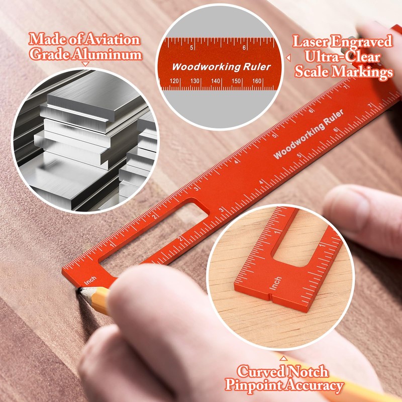 GAINNEER Woodworking Ruler Set 3PCS(6/8/12-Inch) - Precision Aluminum Pocket Rulers