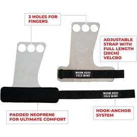 WARM BODY COLD MIND Leather Hand Grips - 3 Finger, for Weightlifting, Gymnastics, Crossfit, Functional Training, Pull-Up Gloves, with Full Palm/Hand Protection to (Basic, White, S)