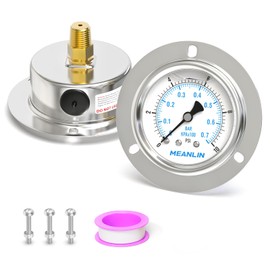 MEANLIN MEASURE 0~10Psi Liquid Filled Pressure Gauge Front Flange Panel Mount, 1/4" NPT 2.5" FACE DIAL Stainless Steel Case with Phillips Screw and Nut, +/-3-2-3%