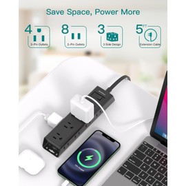 Extension Cord Flat Wall Plug - Surge Protector Power Strip with 12 Outlets, 5ft, Outlet Extender with Multiple Outlets, Wall Mount, Desk Charging Station for Home Office Dorm Room Essentials, Black