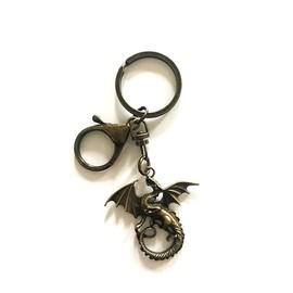 LARGE KEYRING - Flying Dragon - Antique Bronze Plated. Split Ring And Trigger Clasp. Key Ring.