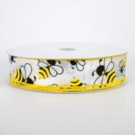 1.5" wired ribbon yellow black honey bumble bee white satin Easter spring 5 yds