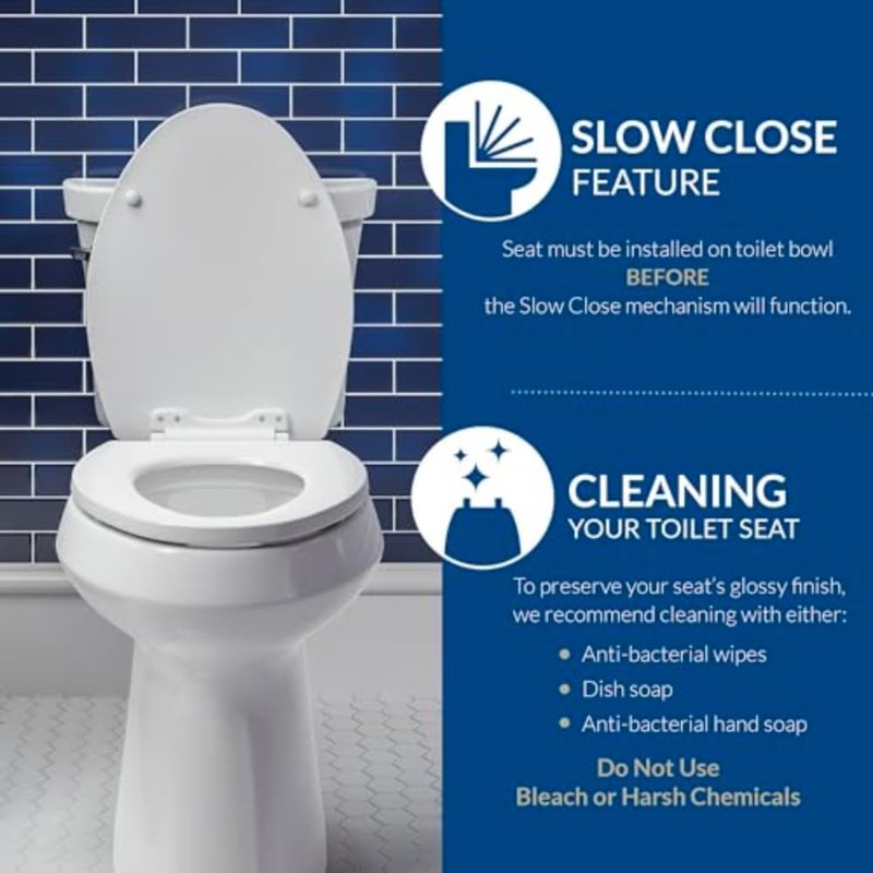 Bemis Alesio Slow Close Toilet Seat, Sleek Chrome Hinges and