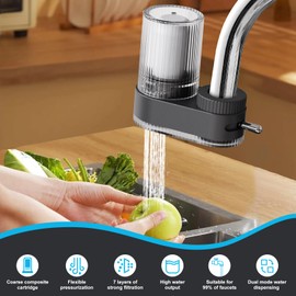 Flowpure Tap Purifier, 7-Stage Tap Water Filter System, Composite Cartridge Water Filter Tap Suitable For Most Faucets, Removes Sand, Chlorine, Heavy Metals, Lead, And More (Two cores)