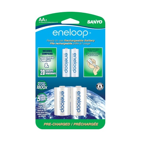 eneloop AA with "D" Spacers, 1800 cycle, Ni-MH Pre-Charged Rechargeable Batteries, 2 Pack