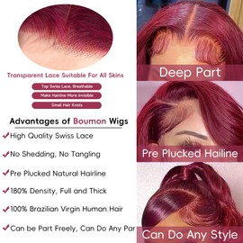 99j Burgundy Lace Front Wigs Human Hair Pre Plucked 200% Density Burgundy Wig Human Hair Body Wave 99j Human Hair Wig 13x4 Frontal Wig Colored Wine Red 30 Inch Wigs Human Hair