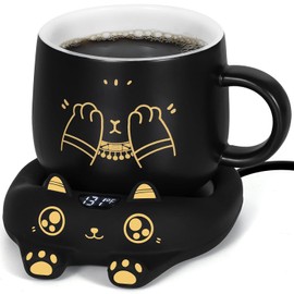 PUSEE - Juego de tazas de café y lindo para gato, calentador de tazas de café para computadora con apagado automático, calentador de bebidas con 3 ajustes de temperatura, calentador de velas con juego