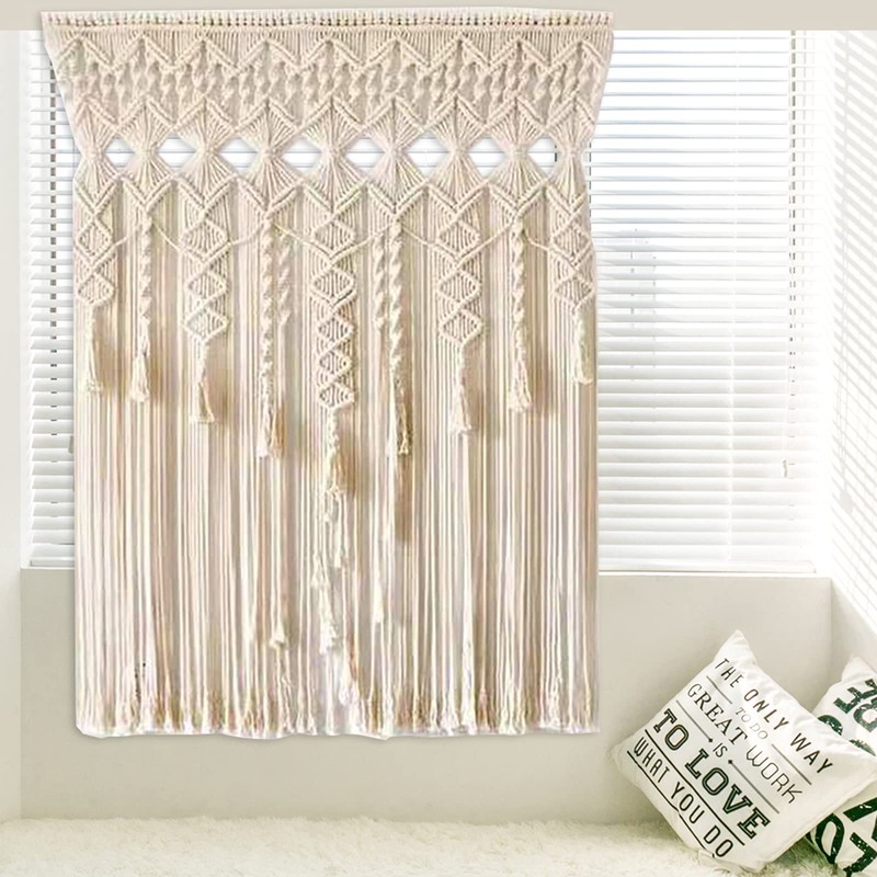 DDBESSIC Boho Macrame Curtains, 71x35inch Beige Hand Woven Window Curtain