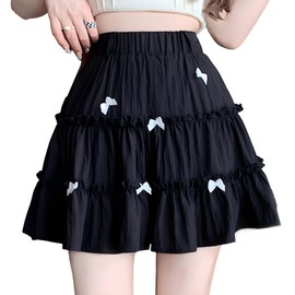 RILGOU Kawaii Gothic Clothes Casual Style A-Line Elastic Waist Cute Bows Decor Lace Trim Pleated Short Skirt M Black