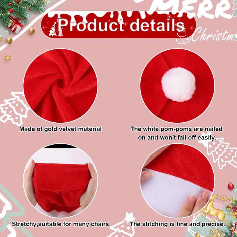 4PCS Velvet Christmas Red Hat Chair Covers Xmas Chair Back