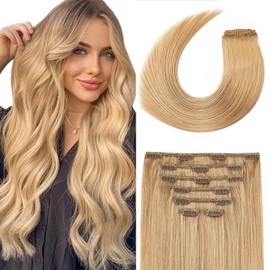 Light Honey Blonde Clip in Human Hair Extensions 70G 100% Remy Human Hair Extensions Straight 7pcs 16clips for Women(18 Inch #27)