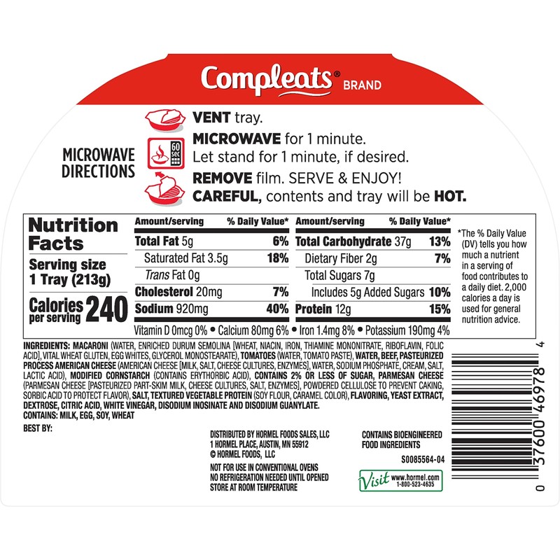 HORMEL COMPLEATS Beefy Mac & Cheese Microwave Tray, 7.5 Ounces