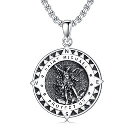 Seiyang St Michael Necklace for Men 925 Sterling Silver Round Saint Archangel Michael Compass Medal Medallion Protection Jewelry