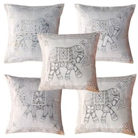 Sophia Art 5 Pieces Handmade Sequin Embroidery Ethnic Indian Elephant Design Throw Cushion Covers Toss Cushion 16 x 16 Inch White