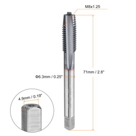 sourcing map M8x1.25 Metric Thread Tap 6542 Cobalt High-Speed Steel TiCN Coated Plug Tap Right Hand Straight Flutes Screw Threading Hand Tap