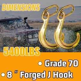 SENKEYFE G70 J Hook 8 Inch Short Tow Hook on Coupling Link 5400 Lbs Safe Working Load Yellow Zinc Towing J Hook Axle Strap Wrecker Roll Back Clevis for Chain Heavy Duty for Trucks Flatbed Trailers
