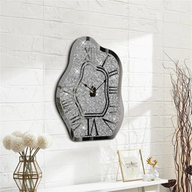 FEUFOAM Modern Wall Clock for Living Room Decor Silver Crystal Crush Diamond Mirrored Clocks Irregular Mirror Clock Unique Wall Decorative for Bedroom Kitchen Dining Room