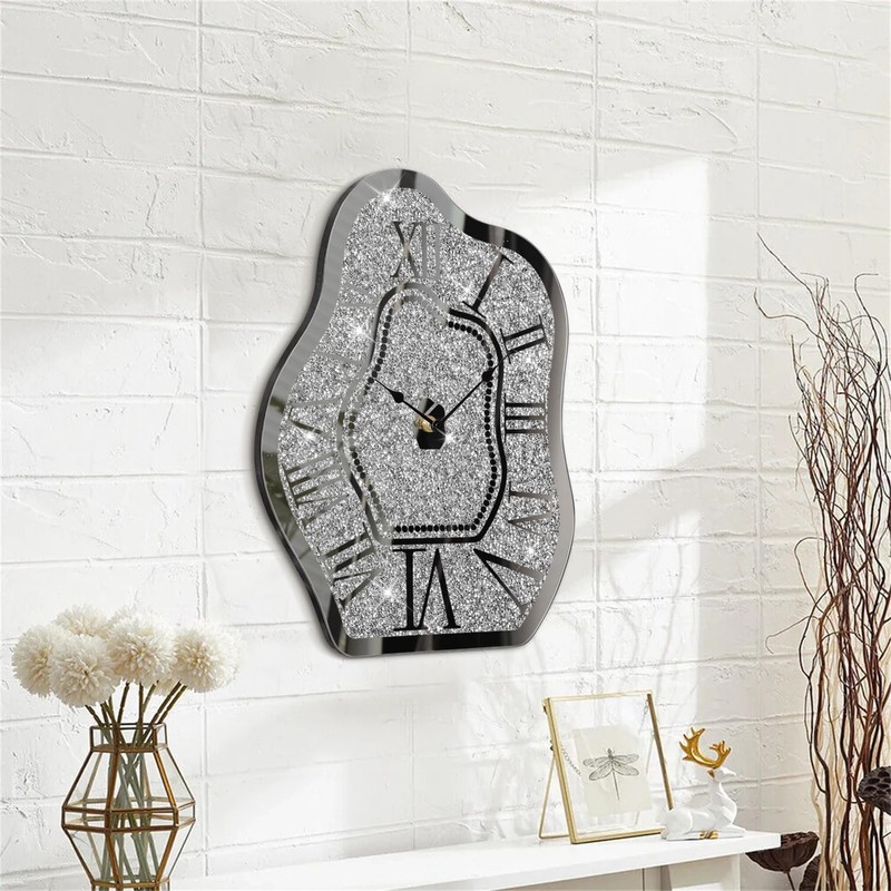FEUFOAM Modern Wall Clock for Living Room Decor Silver Crystal