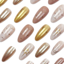 24Pcs Almond Press on Nails Short Fake Nails French Tip False Nails Glossy Glitter Star Moon Sun Design Gold Acrylic Nails Full Cover Stick on Nails for Women and Girls