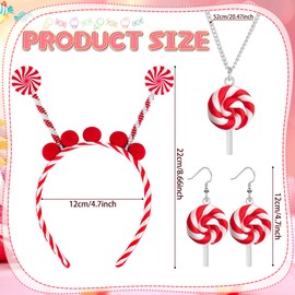 Yezmo 4PCS Candy Cane Headband Set, Lollipop Costume Accessories with Candy Cane Headband Earrings Necklace for Women Girls (Red)
