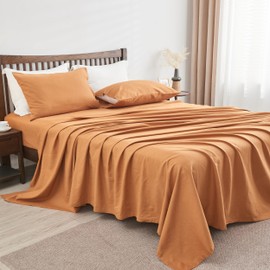 Simple&Opulence Belgian Linen Sheet Set Solid Color - 4 Pieces (1 Flat Sheet, 1 Fitted Sheet & 2 Pillowcases) Natural Flax Cotton Blend Soft Breathable Farmhouse Bedding - Full Size, Rust