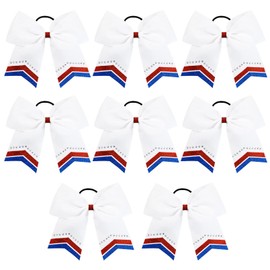 8 PCS Large Glitter Cheer Bows 8" White Hair Bow for Girls Rhinestones Sequin Bow Hair Ties School Senior Cheer Bow Accessories for Teen Softball football Cheerleader Sports